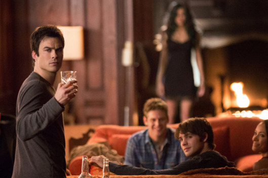 The Vampire Diaries -- “500 Years of Solitude” -- Image Number: VD511b_0186r.jpg -- Pictured (L-R): Ian Somerhalder as Damon, Zach Roerig as Matt, Nina Dobrev as Katherine, Steven R. McQueen as Jeremy and Kat Graham as Bonnie.