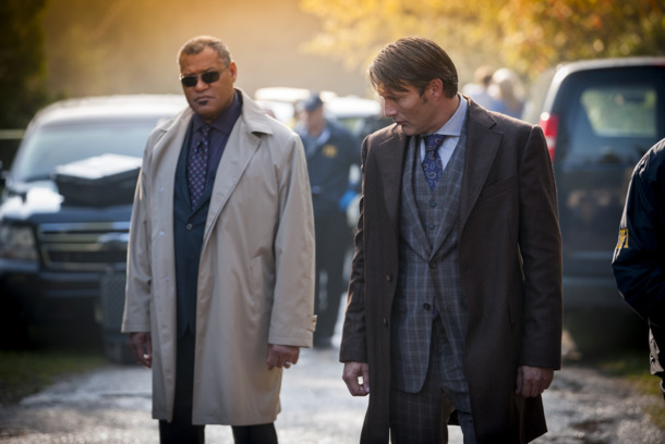 HANNIBAL -- "Kaiseki" Episode 201 -- Pictured: (l-r) Laurence Fishburne as Jack Crawford, Mads Mikkelsen as Dr. Hannibal Lecter -- (Photo by: Brooke Palmer/NBC) HANNIBAL -- "Kaiseki" Episode 201 -- Pictured: (l-r) Laurence Fishburne as Jack Crawford, Mads Mikkelsen as Dr. Hannibal Lecter -- (Photo by: Brooke Palmer/NBC)