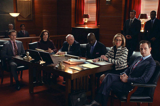 "Parallel Construction, Bitches"----Florrick/Agos and Lockhart/Gardner fight to keep Lemond Bishop as a client when he is arrested on a drug-related charge, which possibly resulted from a leak inside Alicia????s firm. Meanwhile, the investigation into voter fraud in the gubernatorial election continues to move forward when Marilyn is approached by an agent in the Office of Public Integrity, on THE GOOD WIFE, Sunday, March 9 (9:00-10:00 PM, ET/PT) on the CBS Television Network. Pictured L-R: Matt Czuchry as Cary Agos, Julianna Margulies as Alicia Florrick, Wallace Shawn as Charles Lester, Mike Colter as Lemond Bishop, Christine Baranski as Diane Lockhart, and Josh Charles as Will Gardner Photo: CBS ???2014 CBS Broadcasting, Inc. All Rights Reserved