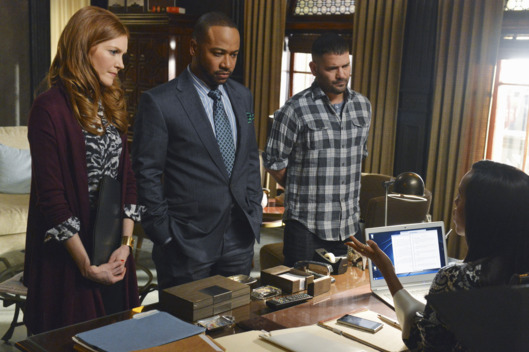 SCANDAL - "No Sun on the Horizon" - A well prepared Fitz gets thrown a curve ball during the first presidential debate, Olivia receives shocking news and is forced to make an extremely difficult decision, and the gladiators work with a powerful CEO accused of murder. Meanwhile, one dirty little secret could lead to deadly consequences, on ABC's "Scandal," THURSDAY, MARCH 13 (10:00-11:00 p.m., ET) on the ABC Television Network. (ABC/Eric McCandless)DARBY STANCHFIELD, COLUMBUS SHORT, GUILLERMO DIAZ, KERRY WASHINGTON