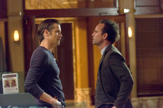 JUSTIFIED -- "Starvation" -- Episode 512 (Airs Tuesday, April 1, 10:00 pm e/p -- Pictured: (L-R) Timothy Olyphant as Deputy U.S. Marshal Raylan Givens, Walton Goggins as Boyd Crowder -- CR: Prashant Gupta/FX