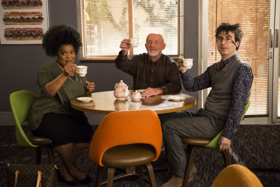 COMMUNITY -- "Basic Sandwich" Episode 511 -- Pictured: (l-r) Yvette Nicole Brown as Shirley Bennett, Jonathan Banks as Professor Hickey, John Oliver as Professor Duncan -- (Photo by: Justin Lubin/NBC) COMMUNITY -- "Basic Sandwich" Episode 511 -- Pictured: (l-r) Yvette Nicole Brown as Shirley Bennett, Jonathan Banks as Professor Hickey, John Oliver as Professor Duncan -- (Photo by: Justin Lubin/NBC)