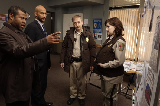 FARGO "A Fox, A Rabbit, and A Cabbage" -- Episode 109 -- Airs Tuesday, June 10, 10:00 pm e/p) -- Pictured: (L-R) Jordan Peele as Agent Pepper, Keegan-Michael Key as Agent Budge, Bob Odenkirk as Bill Oswalt, Allison Tolman as Molly Solverson -- CR: Chris Large/FX