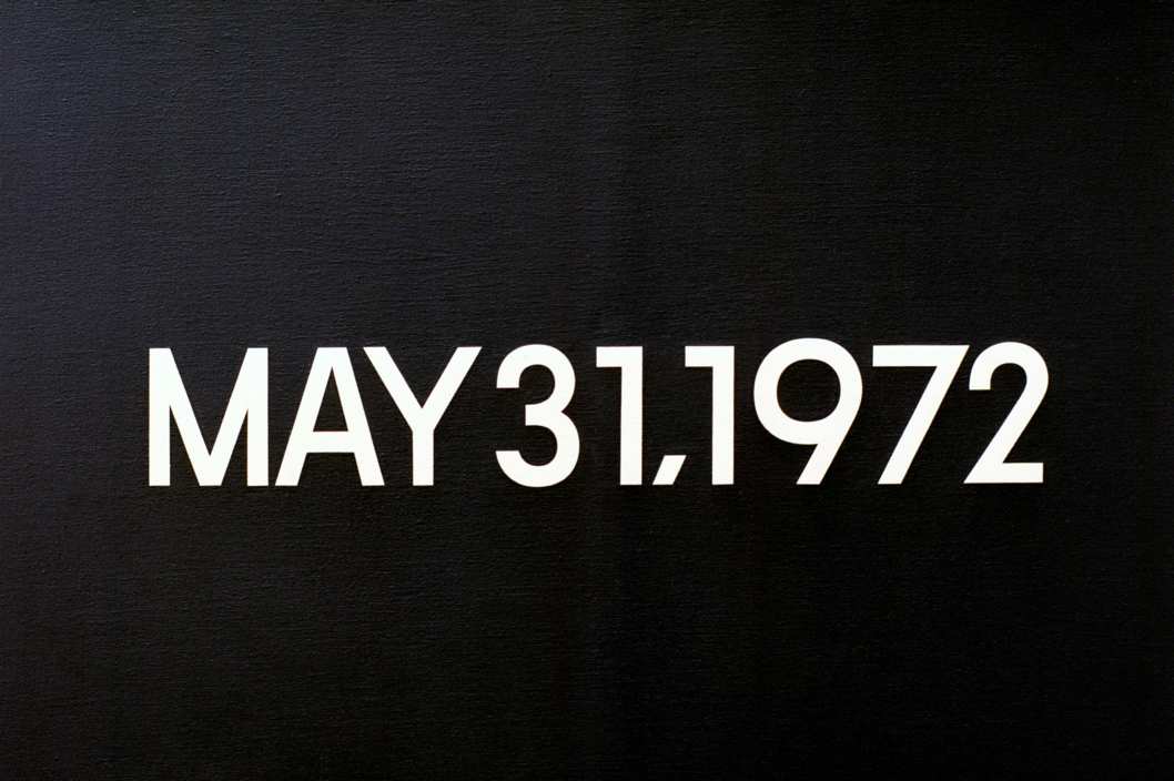 Kawara, On; Japanese artist; born 1933.-"May 31, 1972" (Israeli Leaders called today for a boycott of Beirut by international airlines). Today series, no. 43, 1972. Liquitex on canvas, 45.5 x 61.5 cm. FER Collection, Ulm, Germany.