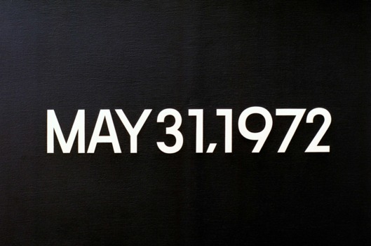 Kawara, On; Japanese artist; born 1933.-"May 31, 1972" (Israeli Leaders called today for a boycott of Beirut by international airlines). Today series, no. 43, 1972. Liquitex on canvas, 45.5 x 61.5 cm. FER Collection, Ulm, Germany.