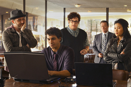 "Pilot" -- SCORPION, inspired by a true story, is a high-octane drama about eccentric genius Walter O\'Brien (Elyes Gabel) and his team of brilliant misfits who comprise the last line of defense against high-tech, complex threats of the modern age. At last, these nerdy masterminds have found the perfect job: a place where they can apply their exceptional brainpower to solve the nation\'s crises, while also helping each other learn how to fit in. Premieres Monday, Sept. 22 (9:00-10:00 PM, ET/PT) on the CBS Television Network. Pictured left to right: Eddie Kaye Thomas as Toby Curtis, Elyes Gabel as Walter O\'Brien, Ari Stidham as Sylvester Dodd, Robert Patrick as Federal Agent Cabe Gallo, and Jadyn Wong as Happy Quinn. Photo: Monty Brinton/CBS??? 2014 CBS Broadcasting, Inc. All Rights Reserved.