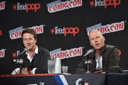 NEW YORK, NY - OCTOBER 10: Actors Edward Norton (L) and Michael Keaton discuss their new movie 'Birdman' at 2014 New York Comic Con - Day 2 at Jacob Javitz Center on October 10, 2014 in New York City. (Photo by Mike Coppola/Getty Images)