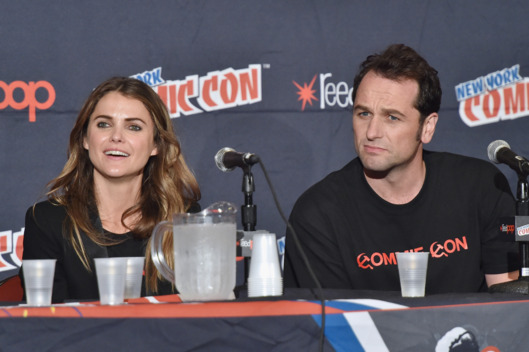 NEW YORK, NY - OCTOBER 10: Actors Keri Russell (L) and Matthew Rhys speak during 'The Americans' panel at Jacob Javitz Center on October 10, 2014 in New York City. (Photo by Mike Coppola/Getty Images)