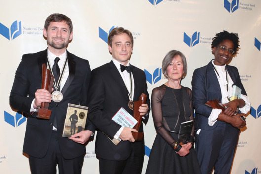 NEW YORK, NY - NOVEMBER 19: Phil Klay, Evan Osnos, Louise Gluck and Jacqueline Woodson attend 2014 National Book Awards on November 19, 2014 in New York City. (Photo by Robin Marchant/Getty Images)