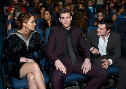 LOS ANGELES, CA - JANUARY 09: (L-R) Actors Jennifer Lawrence, Liam Hemsworth and Josh Hutcherson attend the 39th Annual People's Choice Awards at Nokia Theatre L.A. Live on January 9, 2013 in Los Angeles, California. (Photo by Frazer Harrison/Getty Images for PCA)