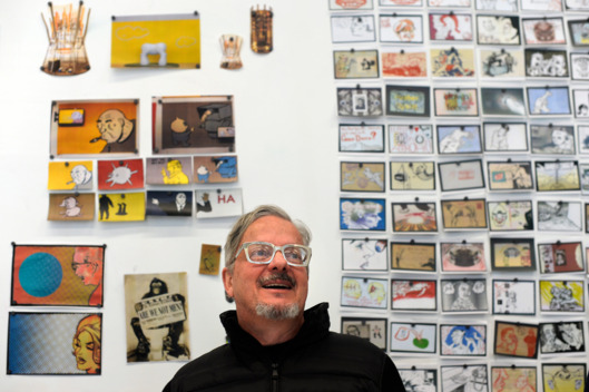 The Museum of Contemporary Art in Denver is beginning preparations for it's upcoming show of the artwork of Mark Mothersbaugh, the founder and leader of the band DEVO. Mothersbaugh and Adam Lerner curator, not in photo, gathered at the museum on Tuesday, February 5, 2014 as they worked on the layout and flow of the exhibit, which will open October 31, 2014.