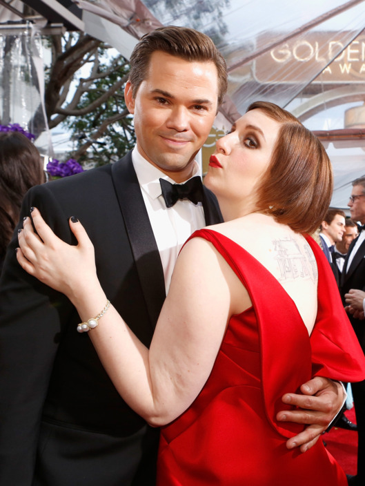 LOS ANGELES, CA - JANUARY 11: 72nd ANNUAL GOLDEN GLOBE AWARDS -- Pictured: (l-r) Actors Andrew Rannells and Lena Dunham arrive to the 72nd Annual Golden Globe Awards held at the Beverly Hilton Hotel on January 11, 2015. (Photo by: Trae Patton/NBC/NBCU Photo Bank)