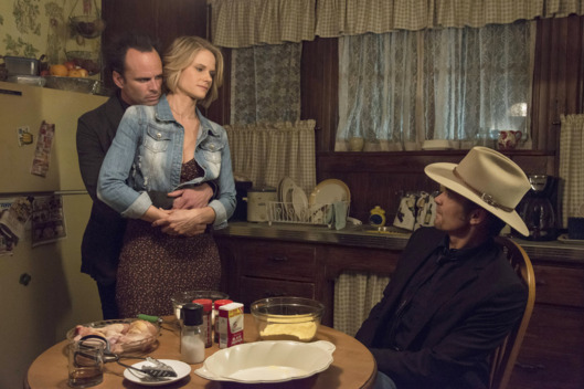 JUSTIFIED -- "Alive Day" -- Episode 606 (Airs Tuesday, February 24, 10:00 pm e/p) -- Pictured: (L-R) Walton Goggins as Boyd Crowder, Joelle Carter as Ava Crowder, Timothy Olyphant as Deputy U.S. Marshal Raylan Givens -- CR: Prashant Gupta/FX