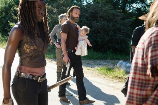 Danai Gurira as Michonne, Melissa McBride as Carol Peletier and Andrew Lincoln as Rick Grimes.