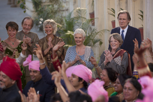 L - R: Celia Imrie as "Madge Hardcastle," Ronald Pickup as "Norman Cousins," Diana Hardcastle as "Carol," Judi Dench as "Evelyn Greenslade," Maggie Smith as "Muriel Donnely" and Bill Nighy as "Douglas Ainslie" in THE BEST EXOTIC MARIGOLD HOTEL 2.