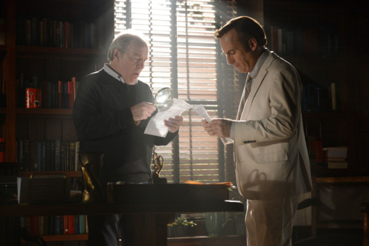 Michael McKean as Chuck Thurber and Bob Odenkirk as Jimmy McGill - Better Call Saul _ Season 1, Episode 8 - Photo Credit:Ursula Coyote/AMC