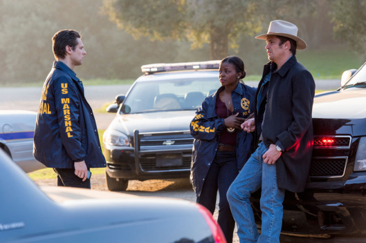 JUSTIFIED -- "Promise" Episode 313 (Airs Tuesday, April 14, 10:00 pm e/p) Pictured (l-r): Jacob Pitts as Deputy U.S. Marshal Tim Gutterson; Erica Tazel as Deputy U.S. Marshal Rachel Brooks; & Timothy Olyphant as Deputy U.S. Marshal Raylan Givens.CR: Prashant Gupta/FX