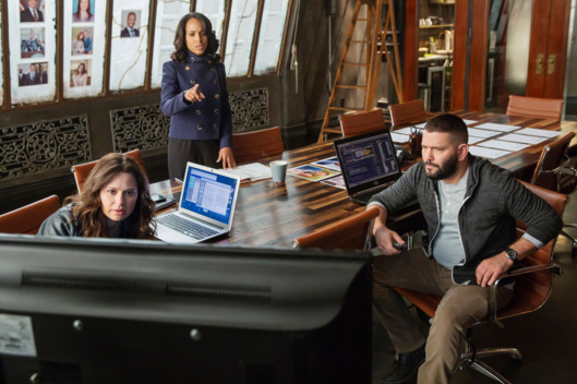 SCANDAL - ""I'm Just a Bill" - With Rowan back in town, the stakes are at an all-time high for the team trying to take down B613. Meanwhile, Olivia gets a call that the mayor's wife has been murdered and is asked to take on the case. Back in the White House, Fitz needs help getting a very important bill to pass, but when he looks to the VP for support, she proves that she's not an easy pushover like everyone once thought, on "Scandal," THURSDAY, APRIL 16 (9:00-10:00 p.m., ET) on the ABC Television Network. (ABC/Ron Batzdorff)KATIE LOWES, KERRY WASHINGTON, GUILLERMO DIAZ
