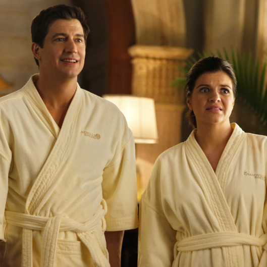 MARRY ME -- "Dead Me" Episode 114 -- Pictured: (l-r) Ken Marino as Jake, Casey Wilson as Annie -- (Photo by: Vivian Zink/NBC)