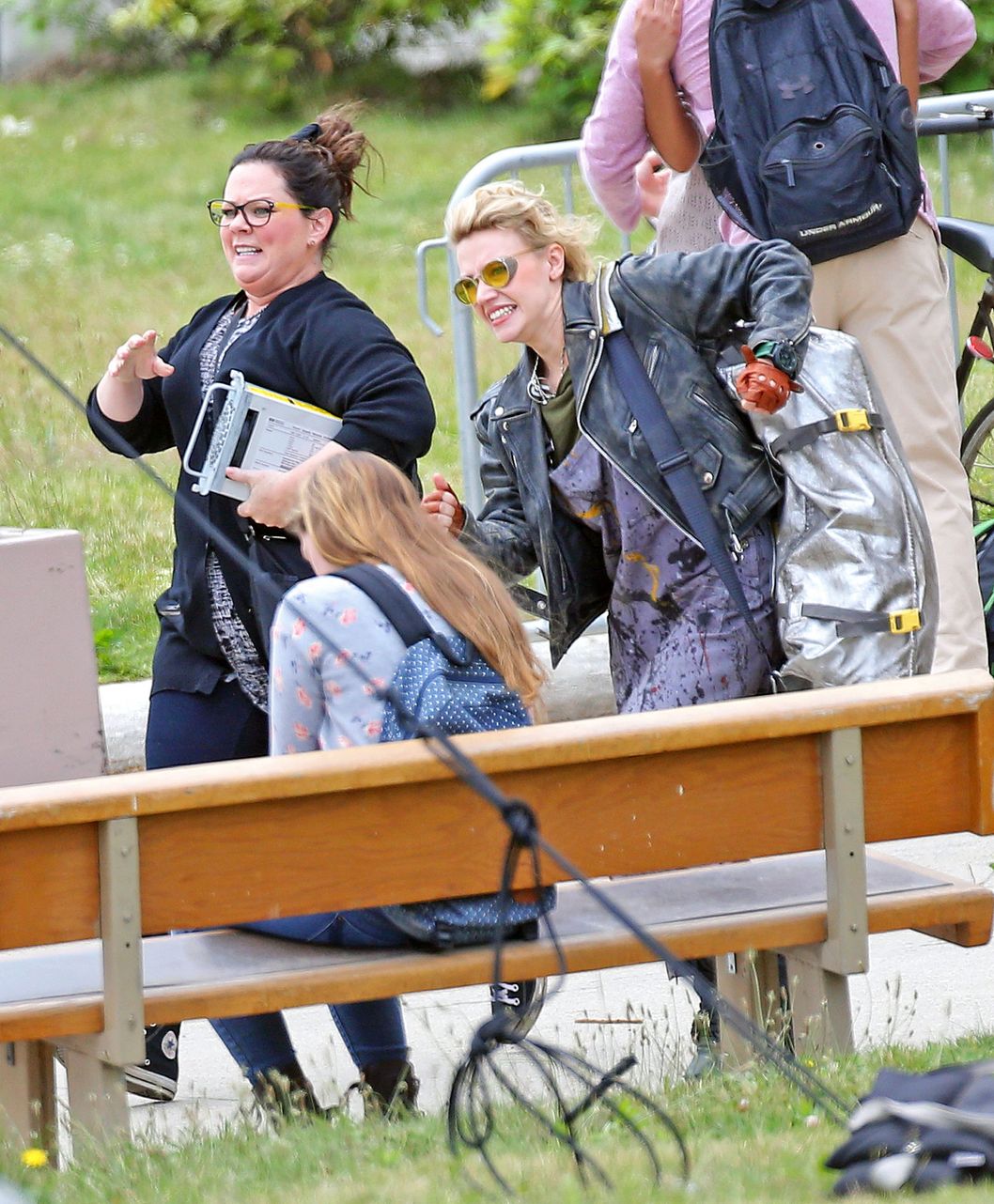 Melissa McCarthy, Kate McKinnon, and Kristin Wiig all together for 1st day of filming all girl 'Ghostbusters' in Boston with slime on pants and ghost trap