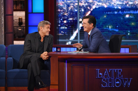 Actor George Clooney chats with Stephen on the premiere of The Late Show with Stephen Colbert, Tuesday Sept. 8, 2015 on the CBS Television Network. Photo: Jeffrey R. Staab/CBS é2015 CBS Broadcasting Inc. All Rights Reserved