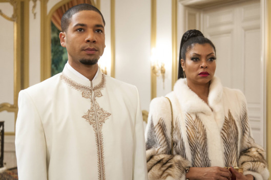 EMPIRE: Jamal (Jussie Smollett, L) and Cookie (Taraji P. Henson, R) attend the all white party in the "The Lyon's Roar" episode of EMPIRE airing Wednesday, Feb. 25 (9:01-10:00 PM ET/PT) on FOX. ©2015 Fox Broadcasting Co CR: Matt Dinnerstein/FOX