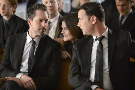 LIFE IN PIECES is CBS\'s new single camera comedy about one big happy family and their sometimes awkward, often hilarious and ultimately beautiful milestone moments as told by its various members. Pictured left to right, Thomas Sadoski as Matt, Betsy Brandt as Heather and Colin Hanks as Greg. Photo: Darren Michaels/CBS é2015 CBS Broadcasting, Inc. All Rights Reserved