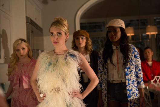 SCREAM QUEENS: Pictured L-R: Abigail Breslin as Chanel #5, Emma Roberts as Chanel Oberlin, Skyler Samuels as Grace, Keke Palmer as Zayday and Jeanna Han as Sam in "Pilot," the first part of the special, two-hour series premiere of SCREAM QUEENS airing Tuesday, Sept. 22 (8:00-10:00 PM ET/PT) on FOX. ©2015 Fox Broadcasting Co. Cr: Steve Dietl/FOX.