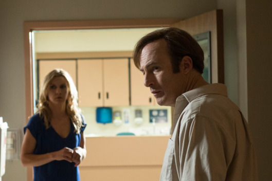 Rhea Seehorn as Kim and Bob Odenkirk as Saul Goodman - Better Call Saul _ Season 1, Episode 5 - Photo Credit: Ursula Coyote/AMC