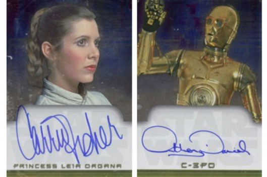 Topps Star Wars Evolution autograph cards from Carrie Fisher and Anthony Daniels