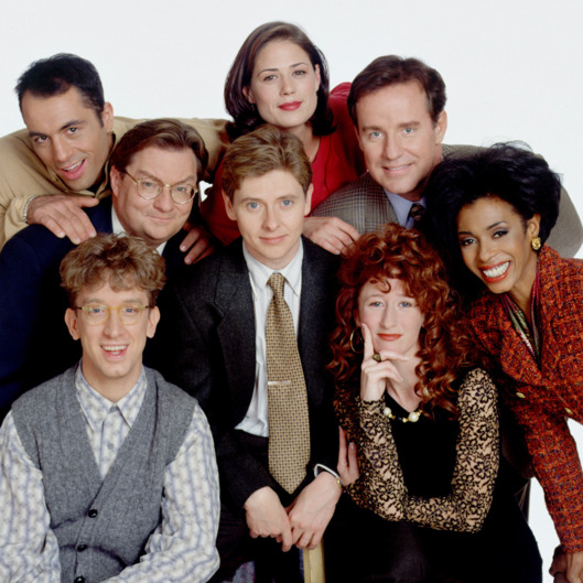 NEWSRADIO, (l-r): Joe Rogan, Stephen Root, Andy Dick, Dave Foley, Maura Tierney, Phil Hartman, Vicki