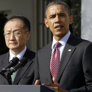 President Barack Obama stands with Jim Yong Kim, his nominee to be the next World Bank President, in the Rose Garden of the White House in Washington, Friday, March 23, 2012. Kim is currently the president of Dartmouth College. (AP Photo/Charles Dharapak)