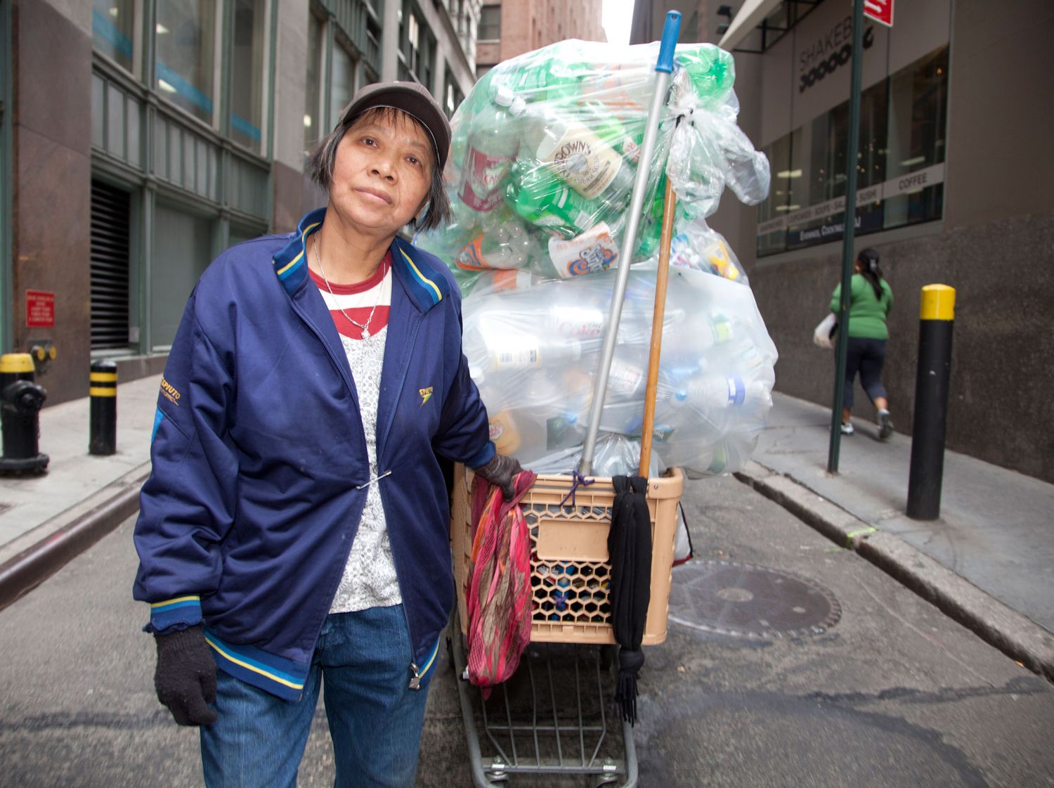 Lilly, the main character followed in the documentary Redemption (2013), pulls bottles and cans collected from NYC streets