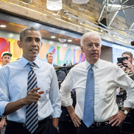 WASHINGTON, DC - OCTOBER 4: U.S. President Barack Obama (L) and Vice President Joe Biden talk to the media at Taylor Gourmet on Pennsylvania Avenue after walking from the White House for a take-out lunch October 4, 2013 in Washington, DC. Democrats and Republicans are still at a stalemate on funding for the federal government as the shutdown goes into the fourth day. The deli, like many other eateries in Washington, is currently offering a discount for furloughed federal workers. (Photo by Pete Marovich-Pool/Getty Images)