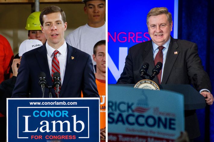 Image result for photos of Democrat Conor Lamb and Republican Rick Saccone