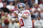 Eli Manning, #10 of the New York Giants prepare to pass the ball during a game against the San Francisco 49ers at Monster Park November 6, 2005 in San Francisco. The Giants defeated the 49ers 24-6.