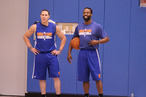 GREENBURGH, NY - DECEMBER 19: Mike Bibby #20 and Baron Davis #85 of the New York Knicks during practice on December 19, 2011 at the Madison Square Garden Training Facility in Greenburgh, New York. NOTE TO USER: User expressly acknowledges and agrees that, by downloading and or using this photograph, User is consenting to the terms and conditions of the Getty Images License Agreement. Mandatory Copyright Notice: Copyright 2011 NBAE (Photo by Nathaniel S. Butler/NBAE via Getty Images)