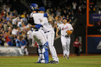 Johan Santana #57 of the New York Mets celebrates with Josh Thole #30 after pitching a no hitter against the St. Louis Cardinals at CitiField on June 1, 2012 in the Flushing neighborhood of the Queens borough of New York City. Johan Santana pitches the first no hitter in Mets history. The Mets won 8-0.