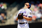 Jonathon Niese #49 of the New York Mets stretches before the first pitch of the game against the Los Angeles Dodgers at CitiField
