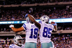 Wide receiver Kevin Ogletree #85 of the Dallas Cowboys celebrates with wide receiver Miles Austin #19 and guard Mackenzy Bernadeau #73 after scoring a touchdown in the third quarter during the 2012 NFL season opener at MetLife Stadium on September 5, 2012 in East Rutherford, New Jersey.