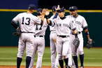 Outfielder Ichiro Suzuki #31 of the New York Yankees celebrates his team's victory over the Tampa Bay Rays at Tropicana Field on September 5, 2012 in St. Petersburg, Florida.