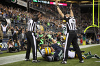 SEATTLE, WA - SEPTEMBER 24: Wide receiver Golden Tate #81 of the Seattle Seahawks makes a catch in the end zone to defeat the Green Bay Packers on a controversial call by the officials at CenturyLink Field on September 24, 2012 in Seattle, Washington. (Photo by Otto Greule Jr/Getty Images)