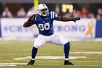 Robert Mathis #98 of the Indianapolis Colts celebrates after a sack against the Miami Dolphins during the game at Lucas Oil Stadium on November 4, 2012 in Indianapolis, Indiana.