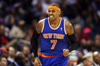Carmelo Anthony #7 of the New York Knicks reacts after making a basket.