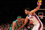Paul Pierce #34 of the Boston Celtics drives against Landry Fields #2 of the New York Knicks at Madison Square Garden on April 17, 2012 in New York City.