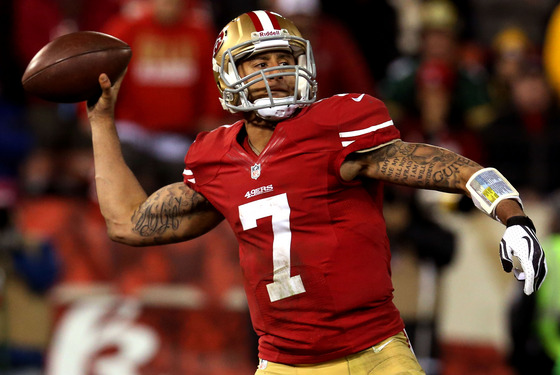 Quarterback Colin Kaepernick #7 of the San Francisco 49ers throws the ball against the Green Bay Packers during the NFC Divisional Playoff Game at Candlestick Park on January 12, 2013 in San Francisco, California.
