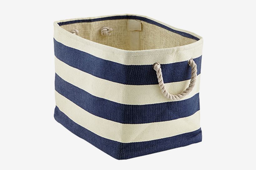 The Container Store Navy & Ivory Rugby Stripe Storage Bin With Rope Handles
