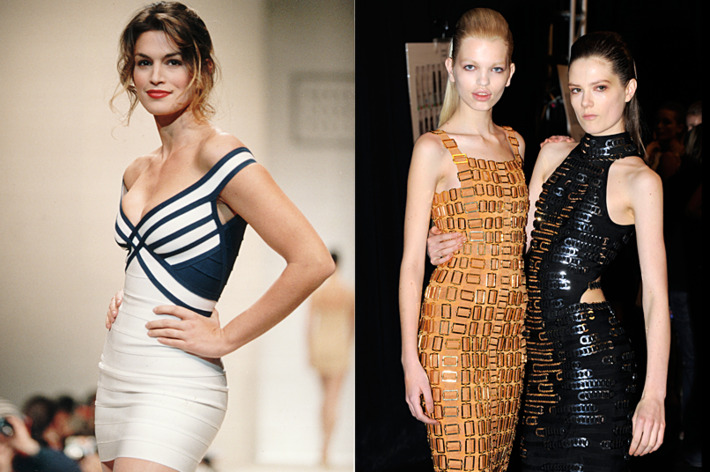 At left, Cindy Crawford walking Leger in 1993; at right, Daphne Groeneveld (left) and Caroline Brasch Nielsen backstage at the Hervé Léger show in February.