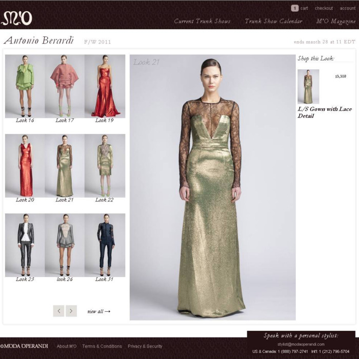 The Antonio Berardi sale on now at MO. The big green dress is Look 21, $5,510.