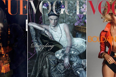 From left, the April, March, and February Italian <em>Vogue</em> covers.